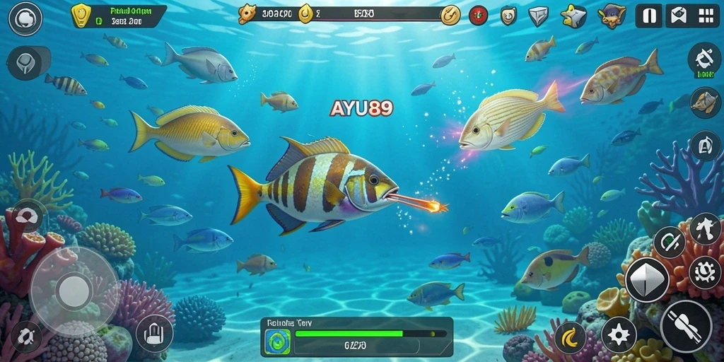 Gameplay AYU89 yang seru dengan berbagai ikan untuk ditembak.