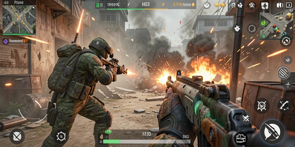 Screenshot gameplay H03 menampilkan aksi pertempuran FPS yang intens.