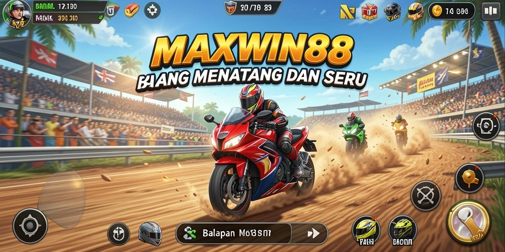 Tampilan utama gameplay <strong>MAXWIN88</strong> yang penuh adrenalin saat balapan motor.