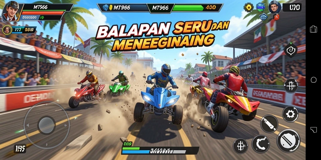 Screenshot gameplay MT966 menampilkan aksi balapan yang mendebarkan.