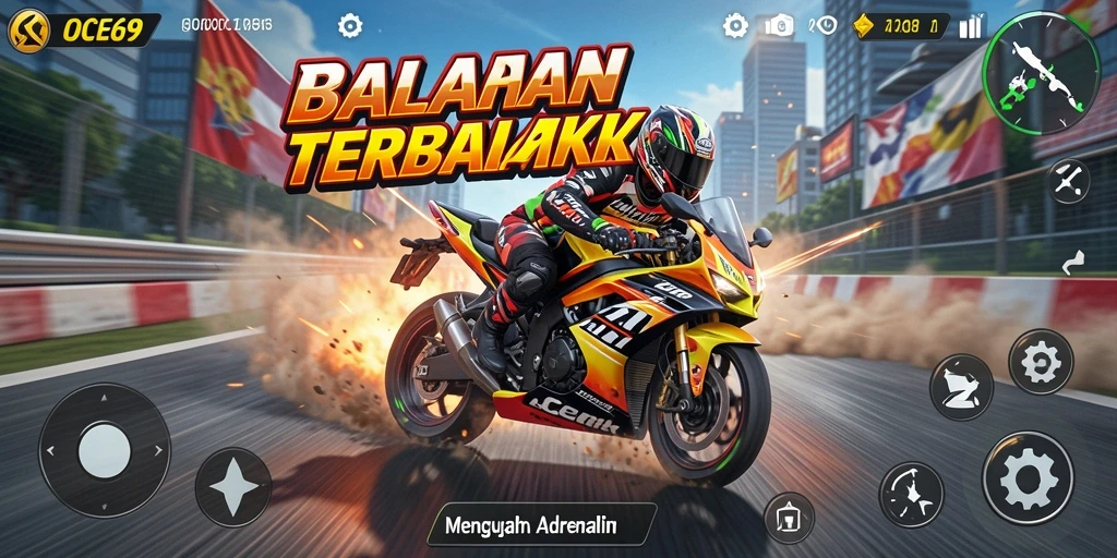 Screenshot menunjukkan aksi balapan motor yang mendebarkan di OCE69.