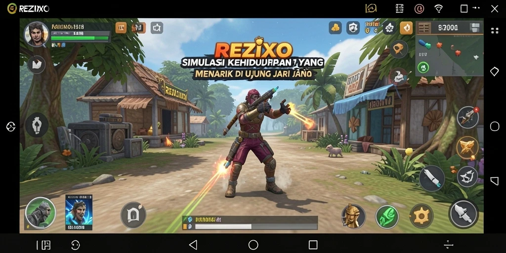 Screenshot gameplay REZIXO menampilkan interaksi karakter dalam simulasi kehidupan.