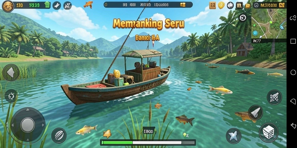 Tampilan gameplay menarik dari RK77 saat menangkap ikan di lokasi yang indah.