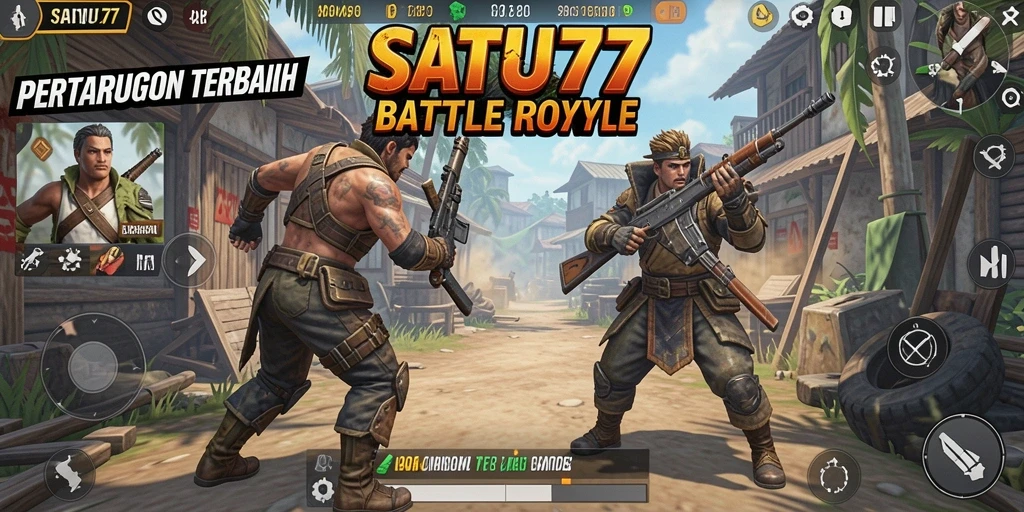 Tampilan aksi pertempuran epik dalam SATU77 di gameplay Battle Royale.